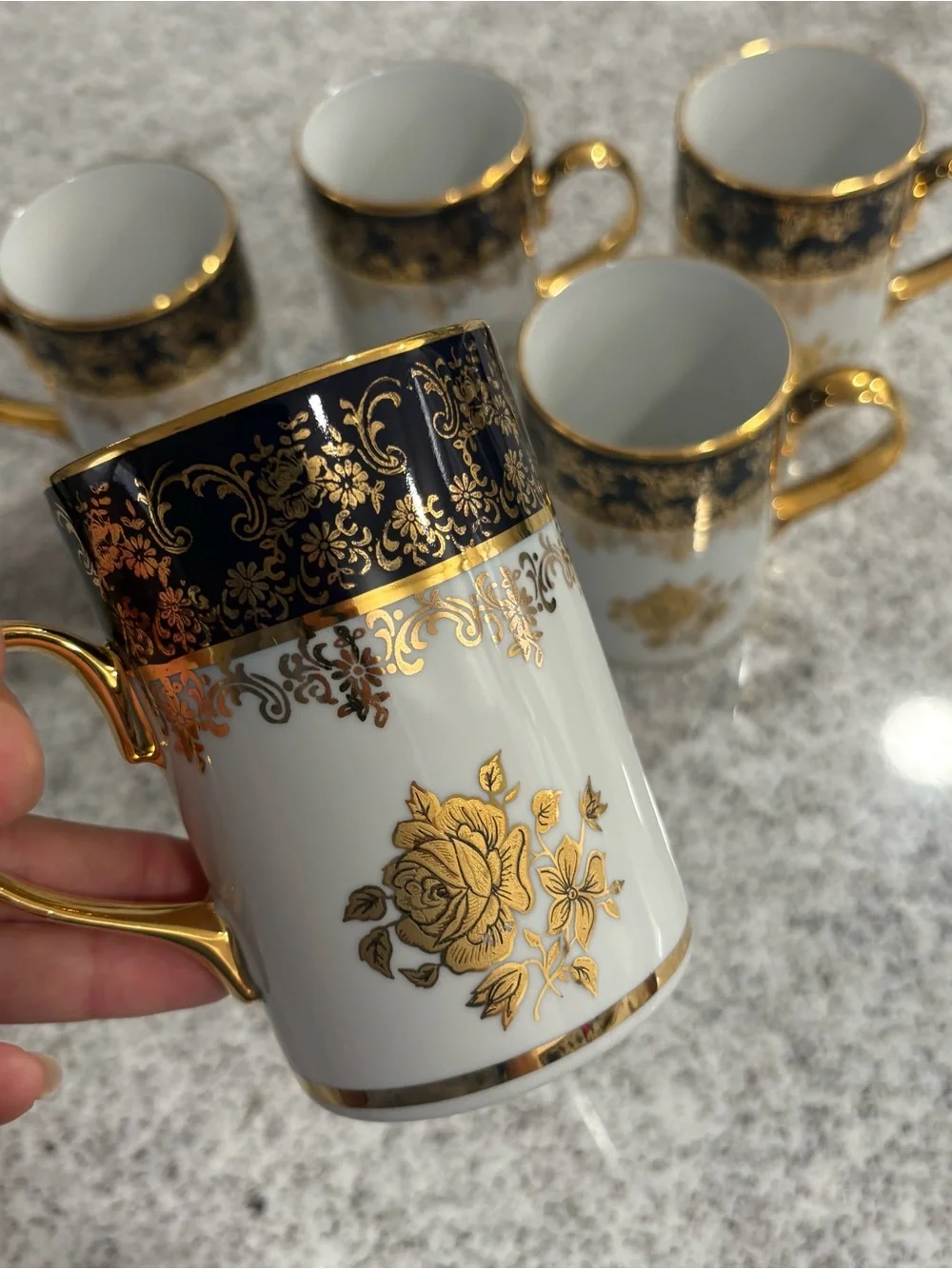 Haas & Czjzek Original Cobalt blue gold ornate Porcelain mugs lot of 5 vintage